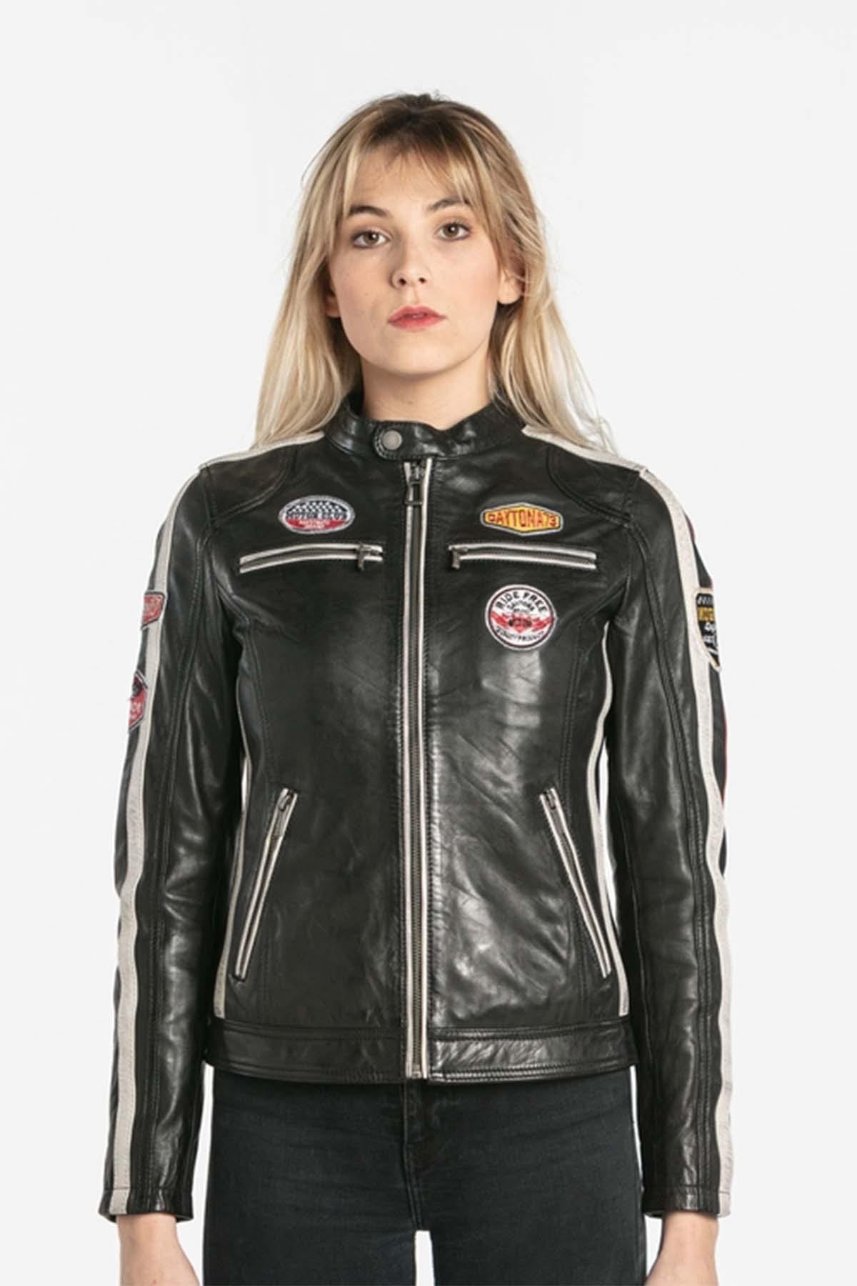 Black leather biker jacket with patches - Image n°1