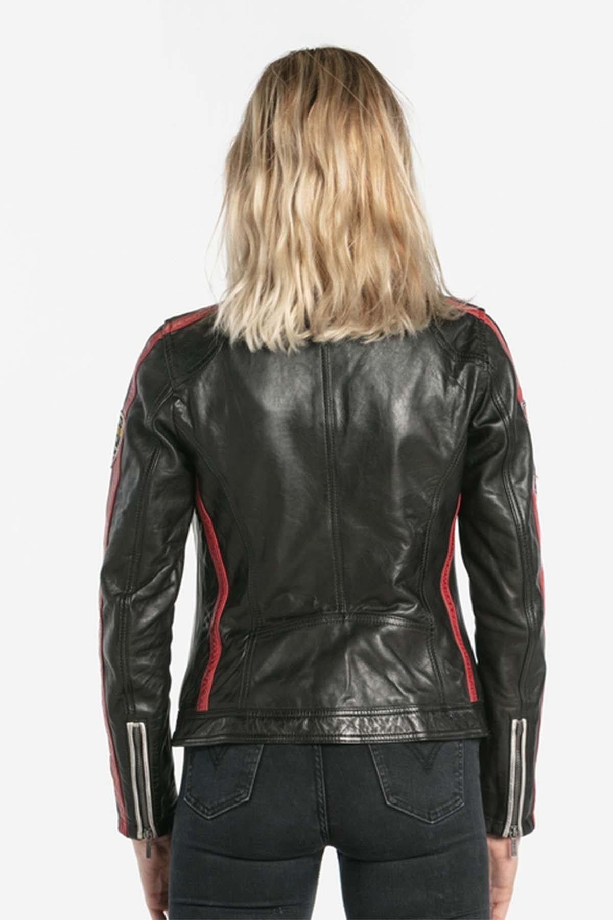 Black leather biker jacket with patches - Image n°2