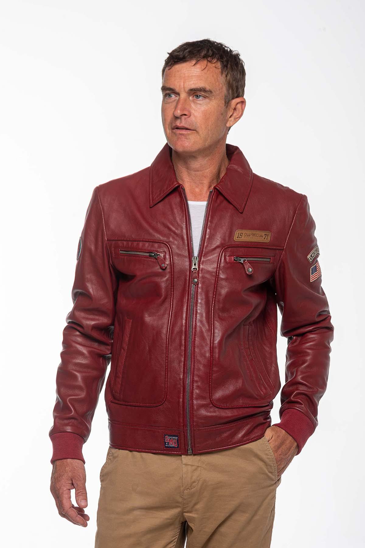 Steve McQueen red leather jacket with shirt collar - Image n°1