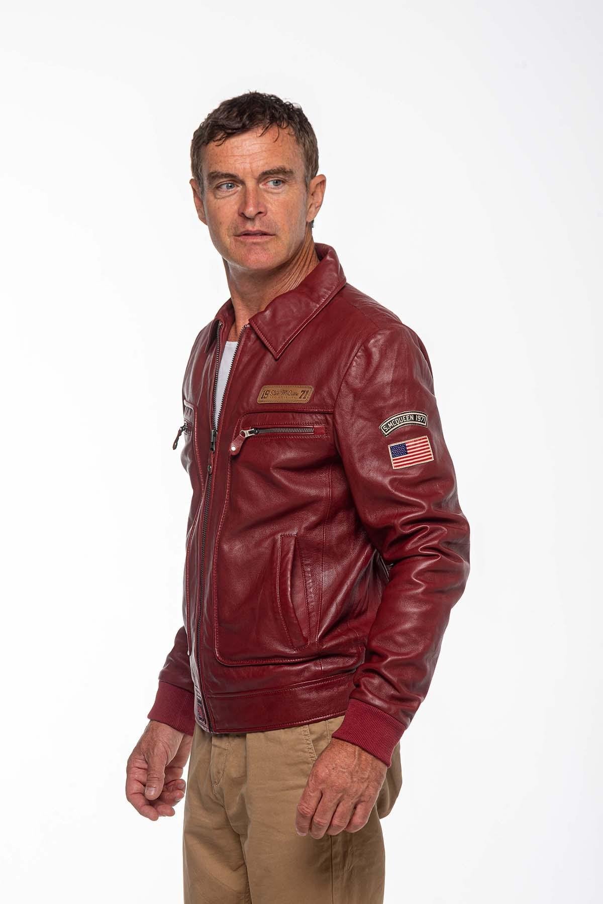 Steve McQueen red leather jacket with shirt collar - Image n°3