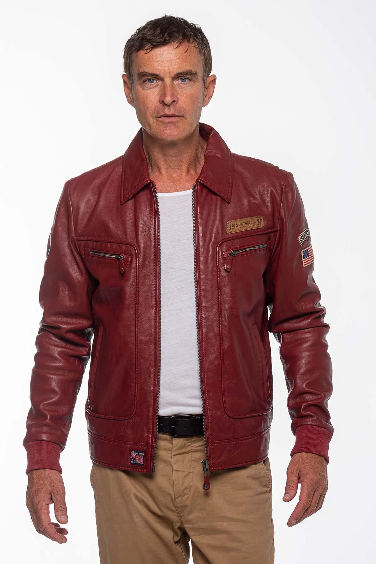 Steve McQueen red leather jacket with shirt collar - Image n°4