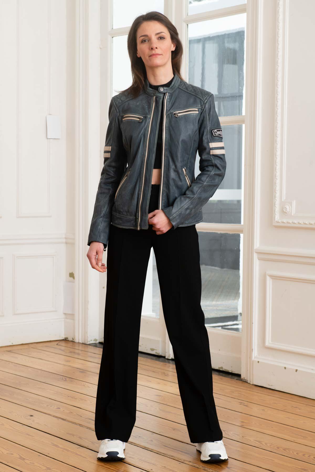 Women's navy blue leather jacket with biker collar - Image n°2