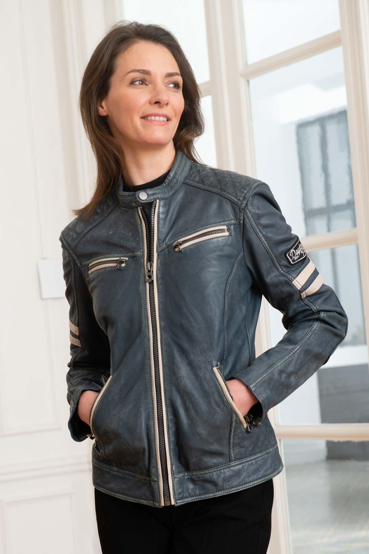 Women's navy blue leather jacket with biker collar - Image n°5