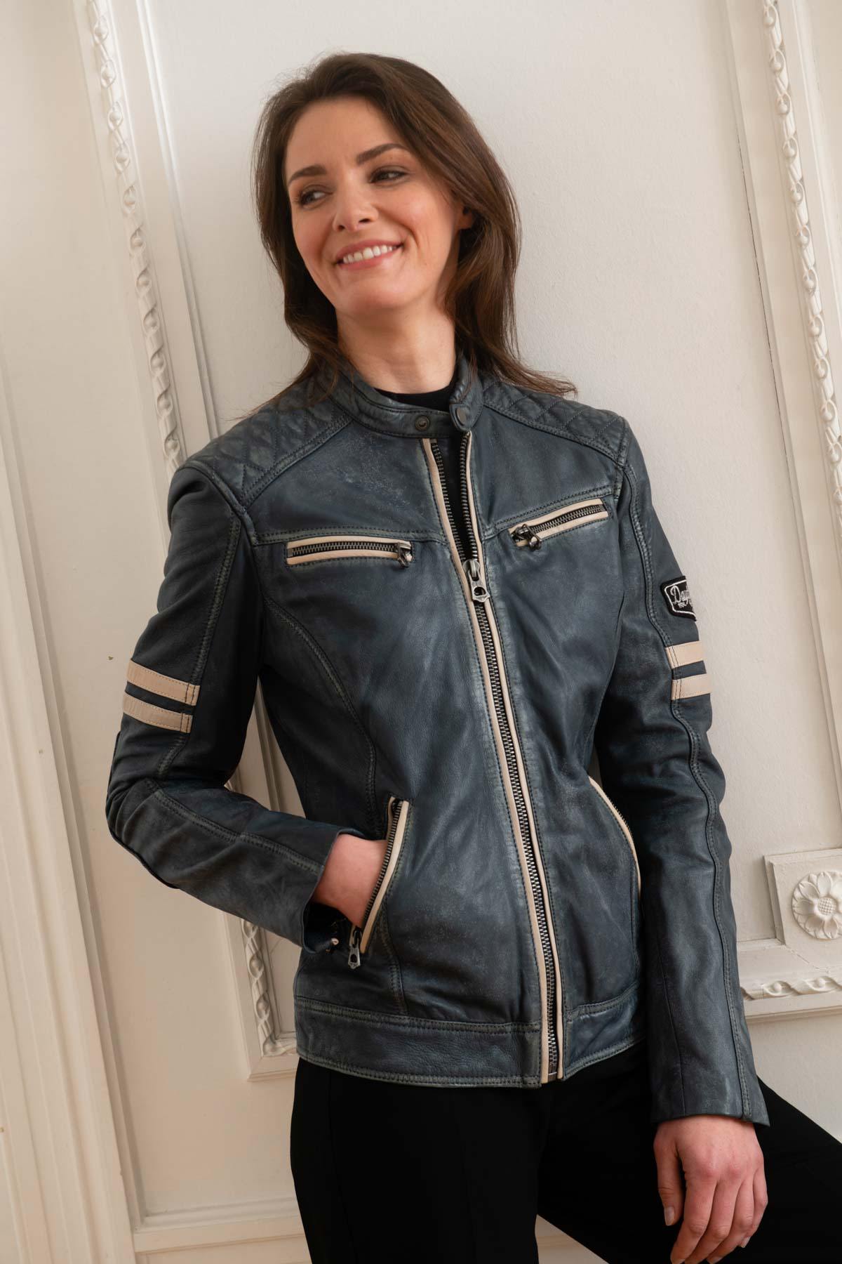 Women's navy blue leather jacket with biker collar - Image n°1