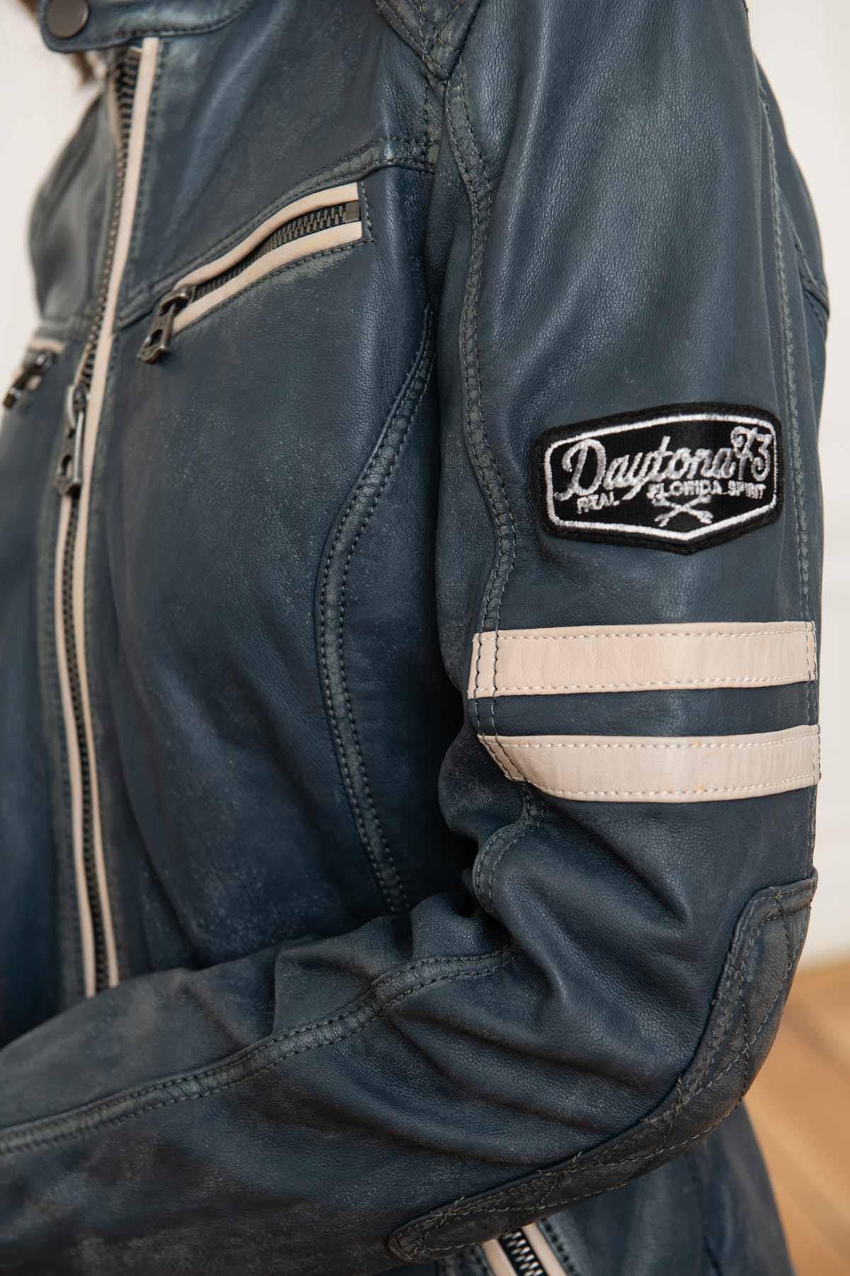 Women's navy blue leather jacket with biker collar - Image n°9