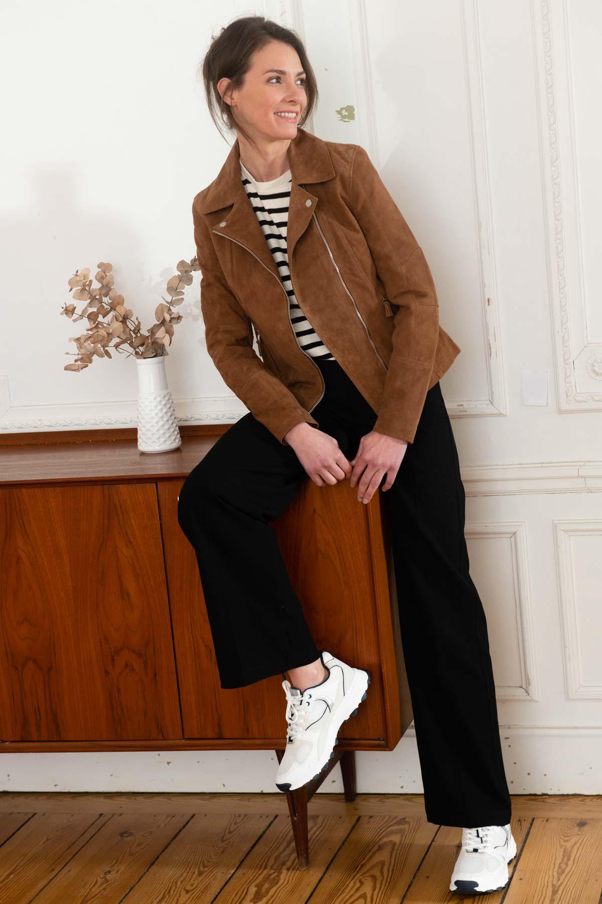 Women's brown nubuck leather Biker Jacket - Image n°2