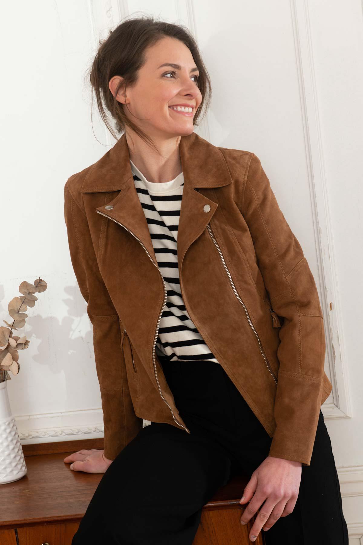 Women's brown nubuck leather Biker Jacket - Image n°1