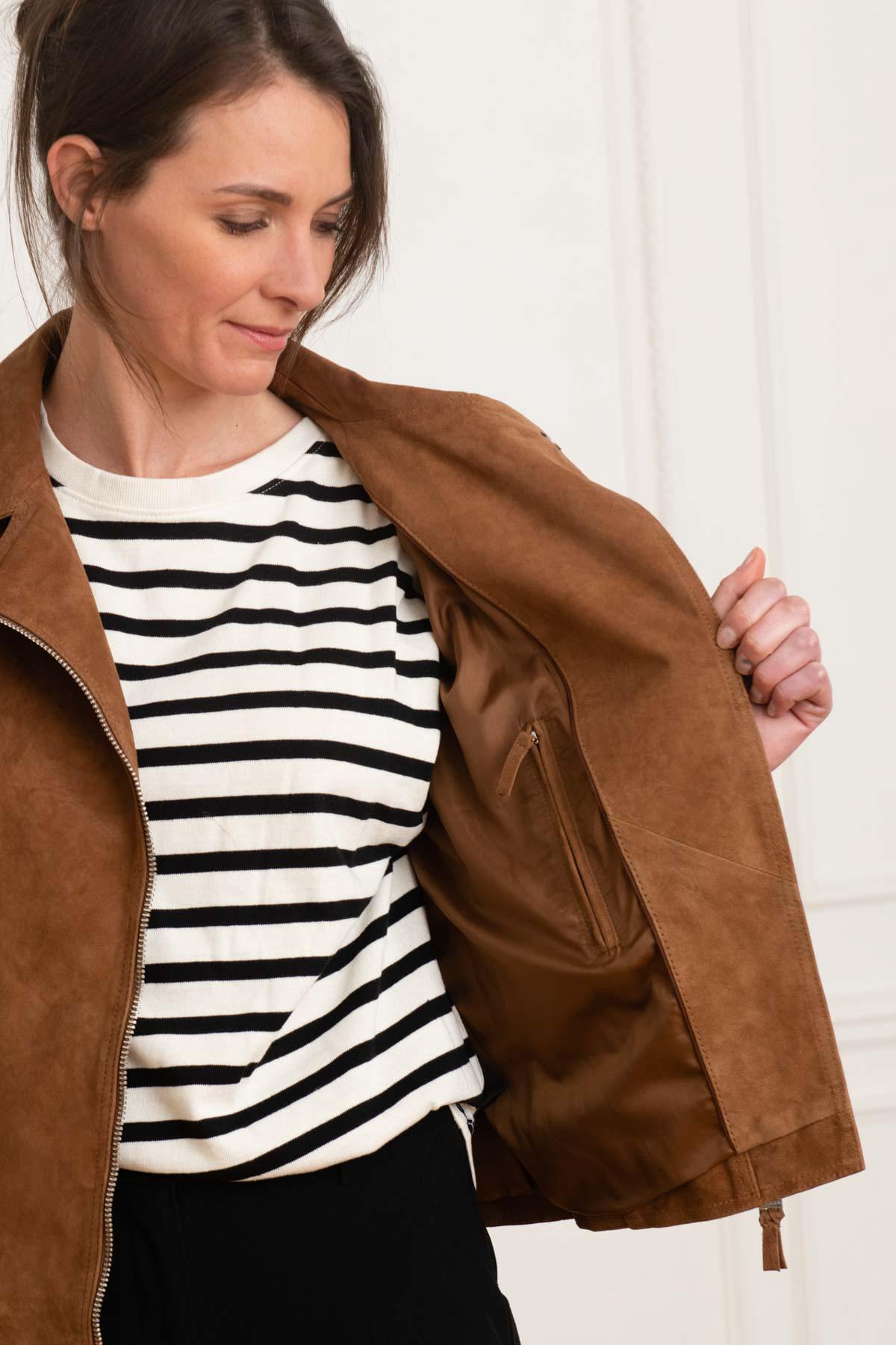 Women's brown nubuck leather Biker Jacket - Image n°3