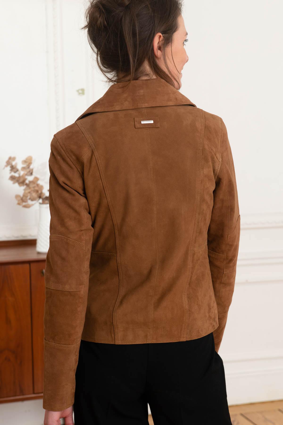 Women's brown nubuck leather Biker Jacket - Image n°5