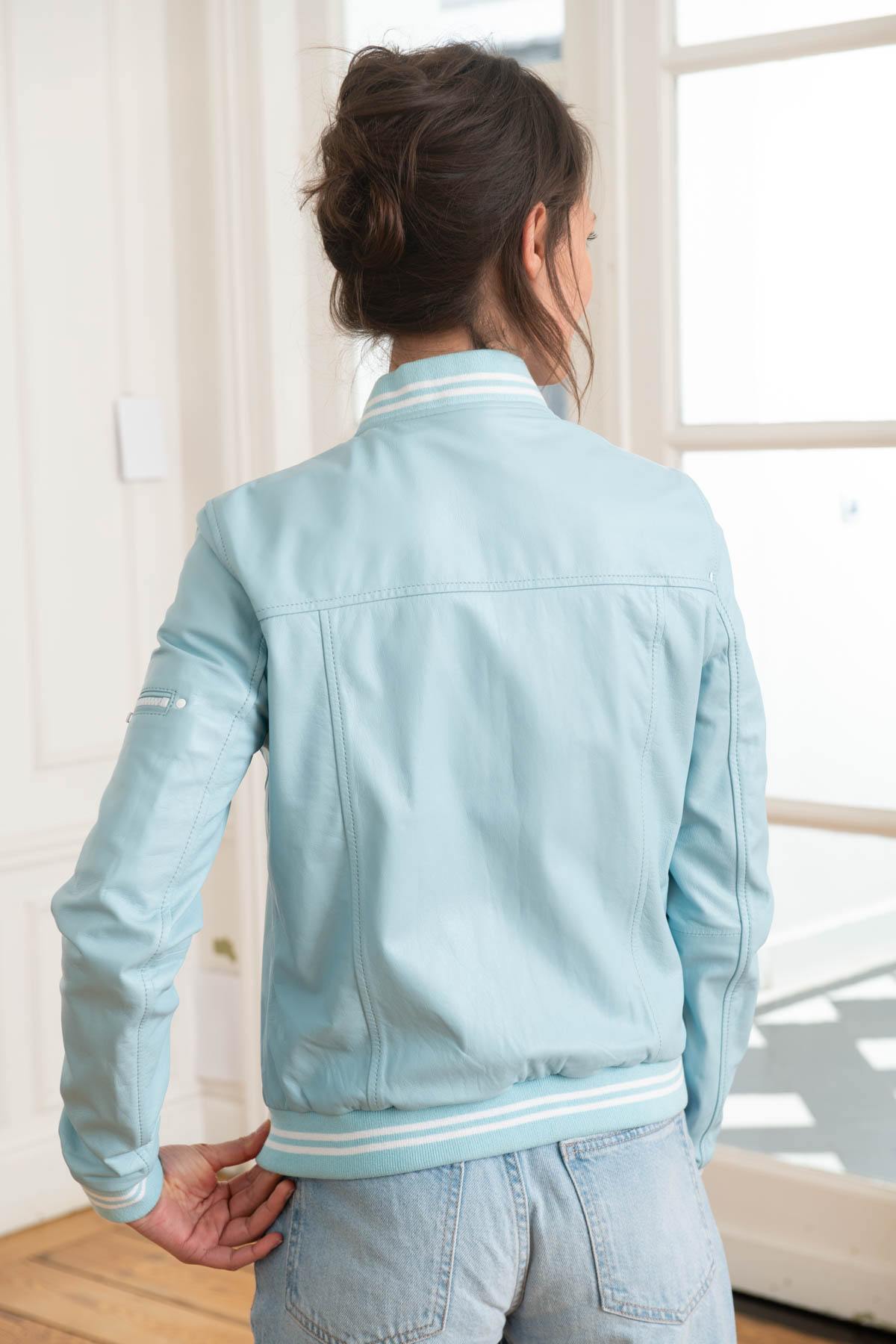 USA varsity jacket in sky blue leather for women - Image n°5