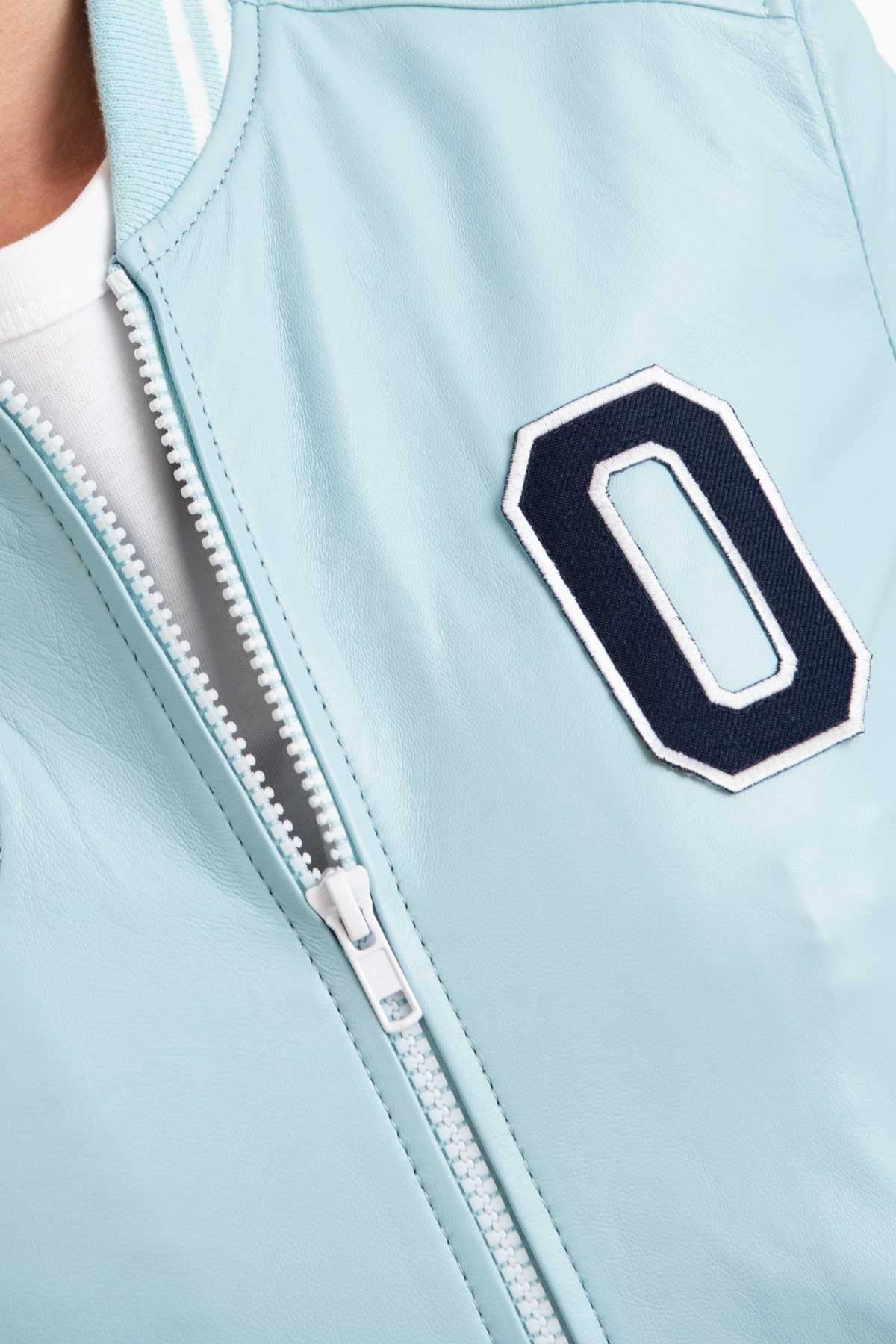 USA varsity jacket in sky blue leather for women - Image n°7