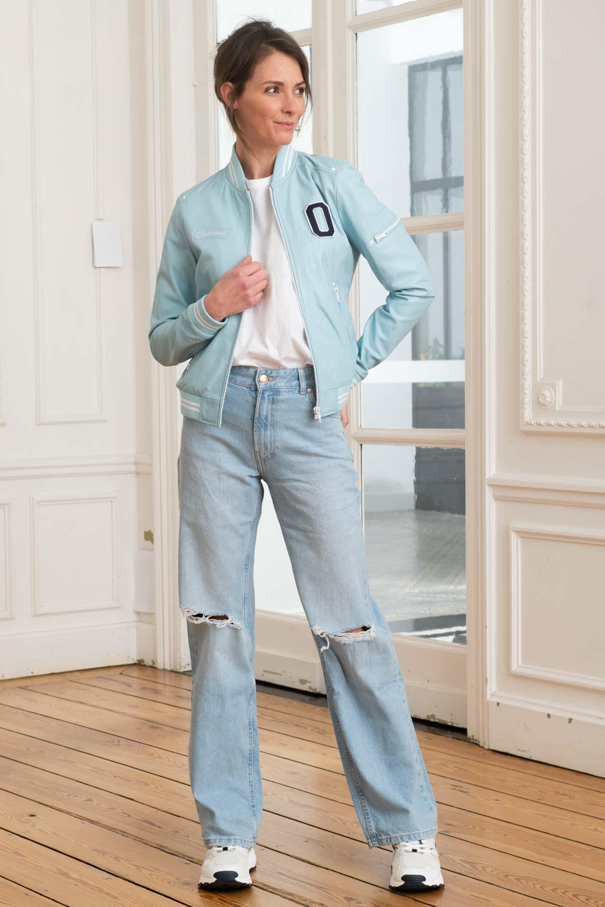 USA varsity jacket in sky blue leather for women - Image n°2