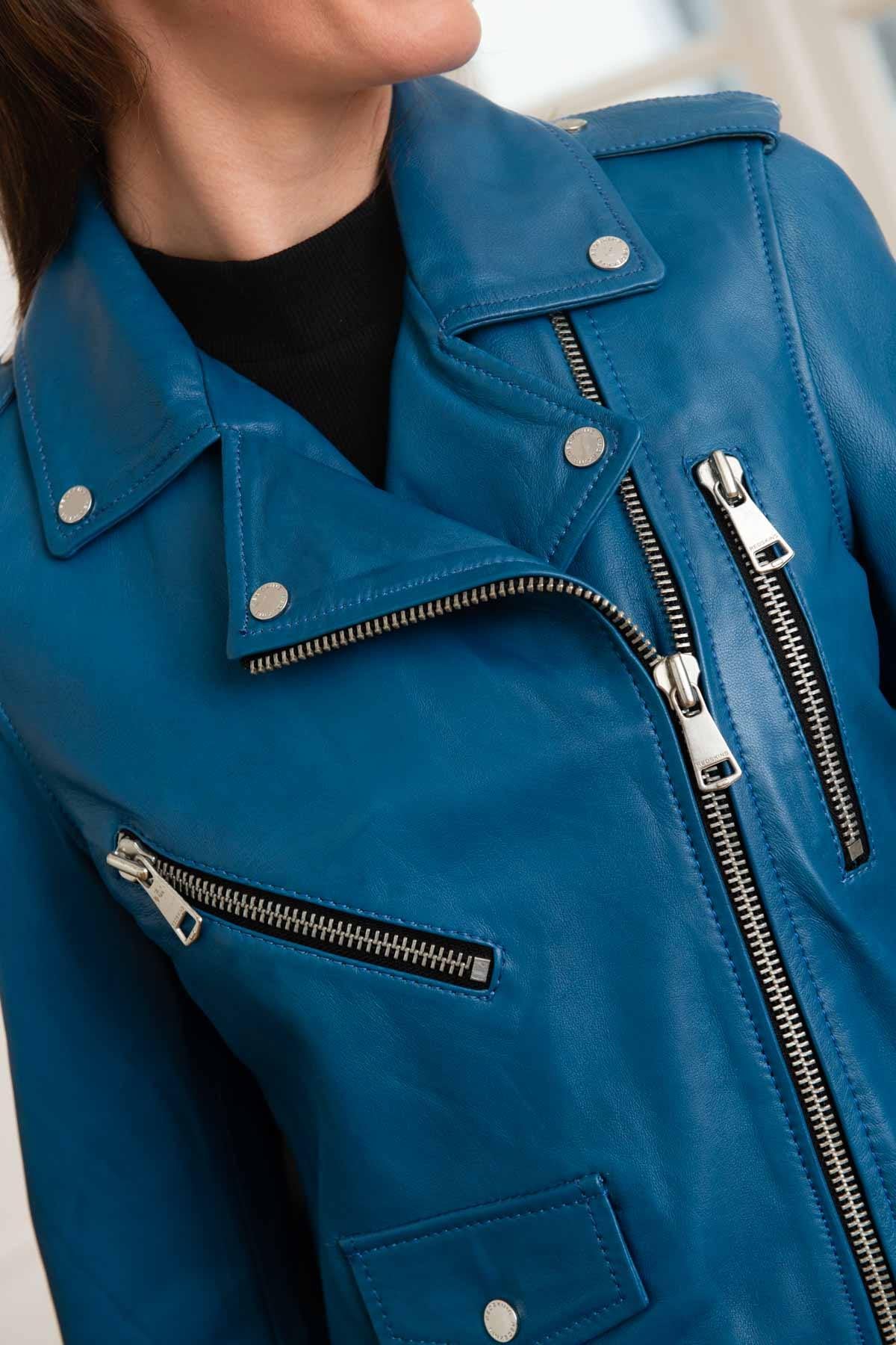 Women's electric blue leather perfecto - Image n°2