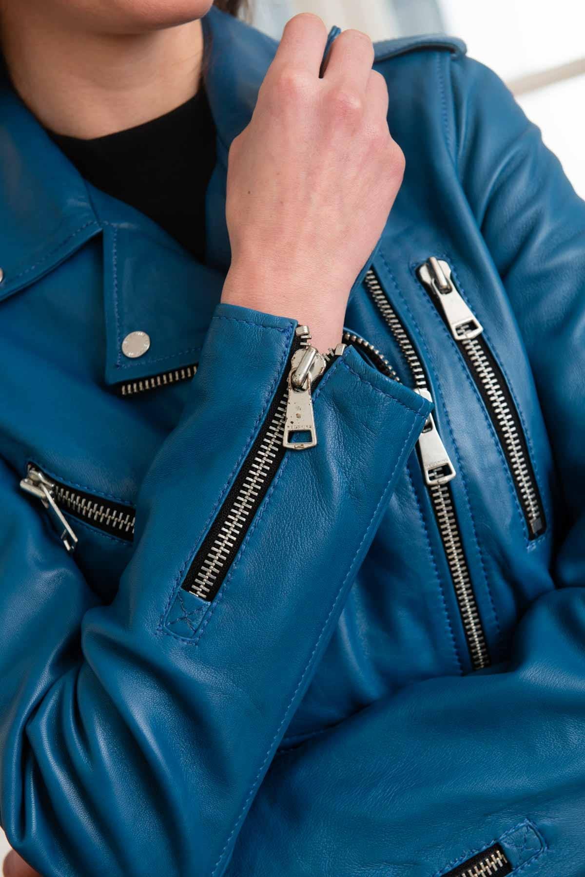 Women's electric blue leather perfecto - Image n°3