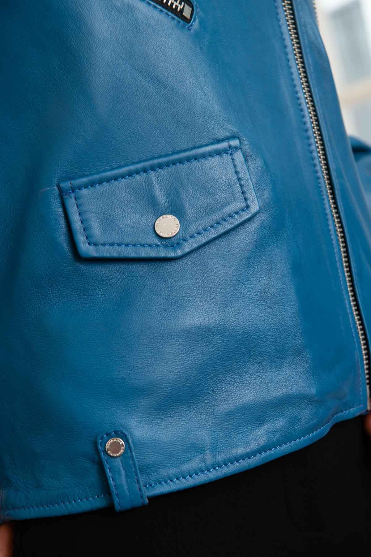 Women's electric blue leather Biker Jacket - Image n°4