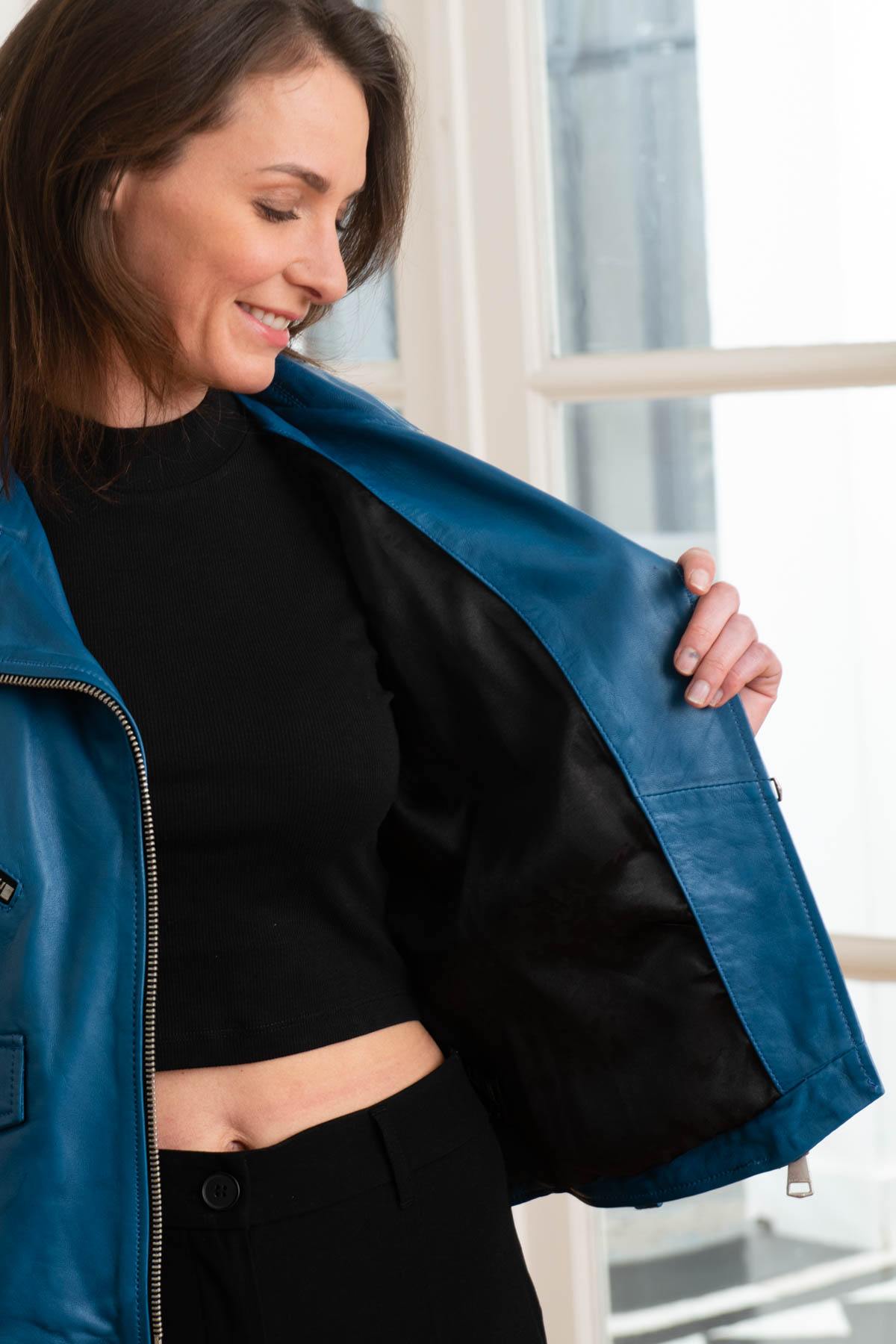 Women's electric blue leather Biker Jacket - Image n°7