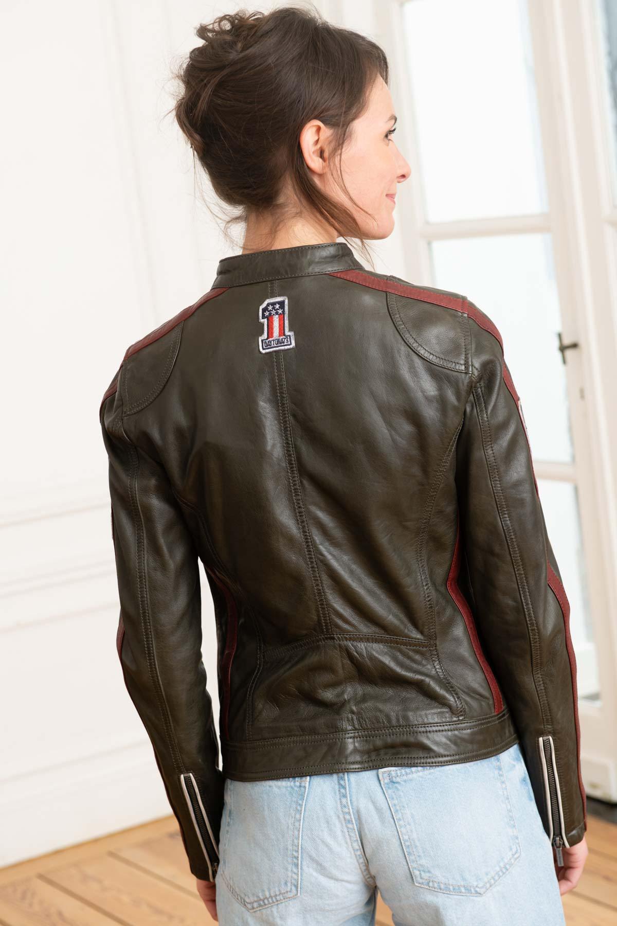 Women's dark green leather jacket with biker collar - Image n°5