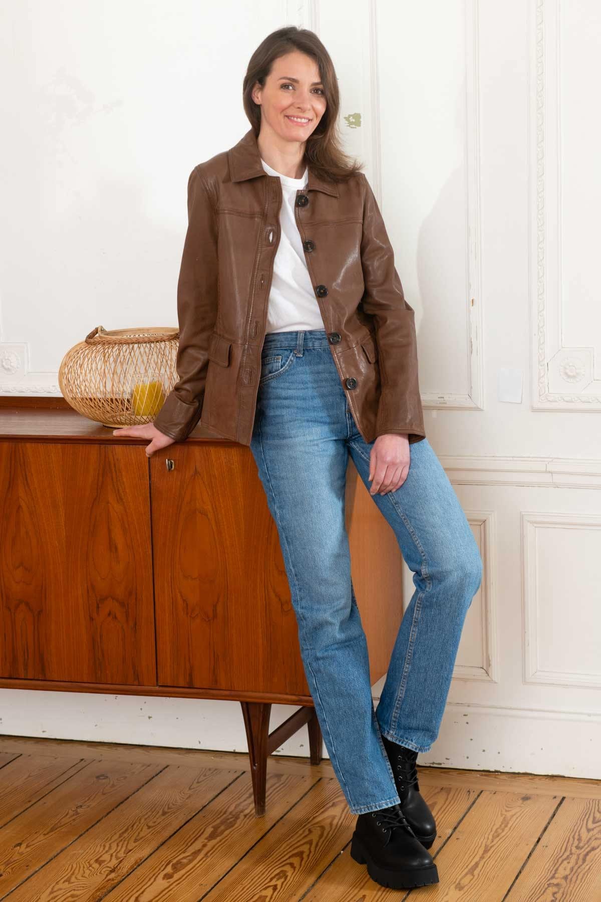 Women's tan shirt collar leather jacket - Image n°2