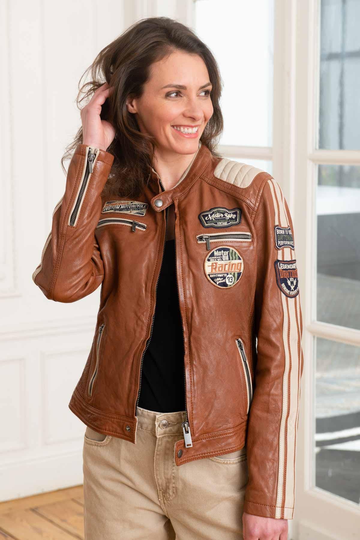 Women's brown leather jacket with biker collar - Image n°1