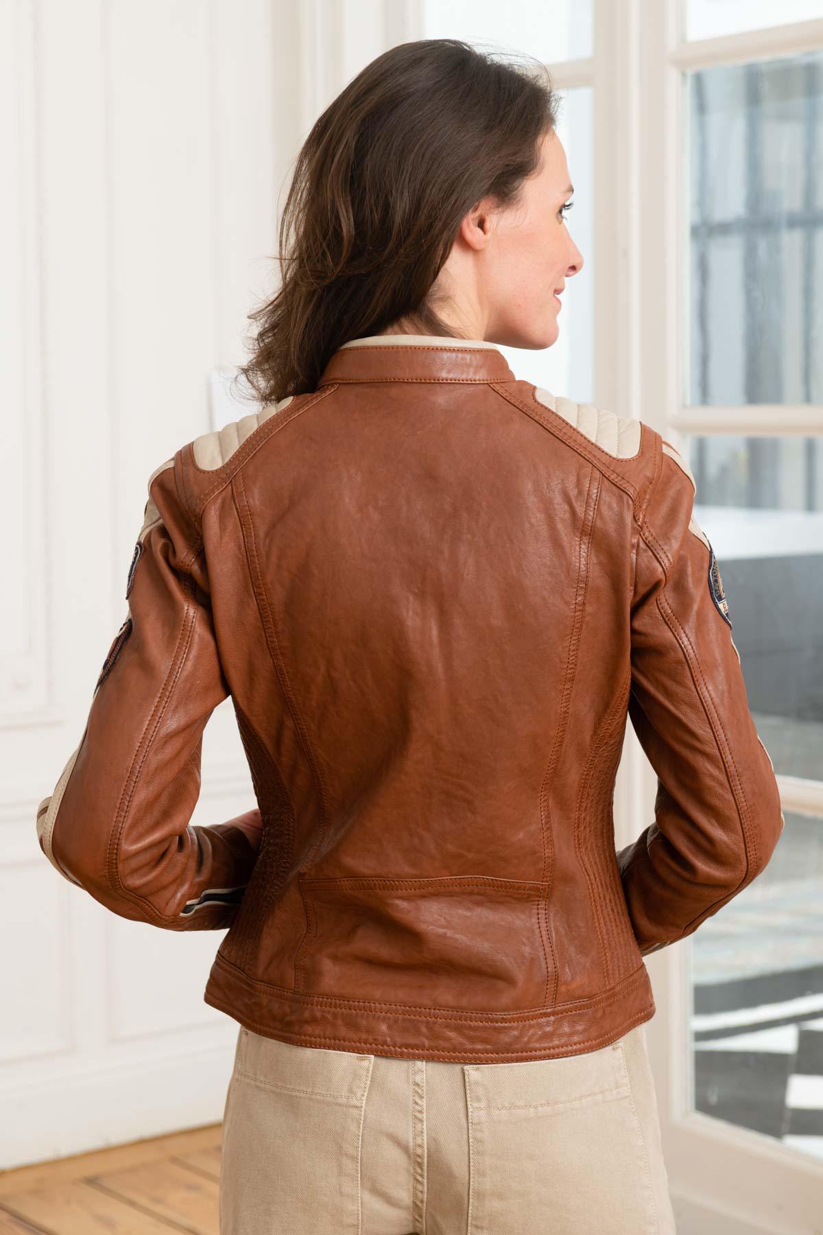 Women's brown leather jacket with biker collar - Image n°5