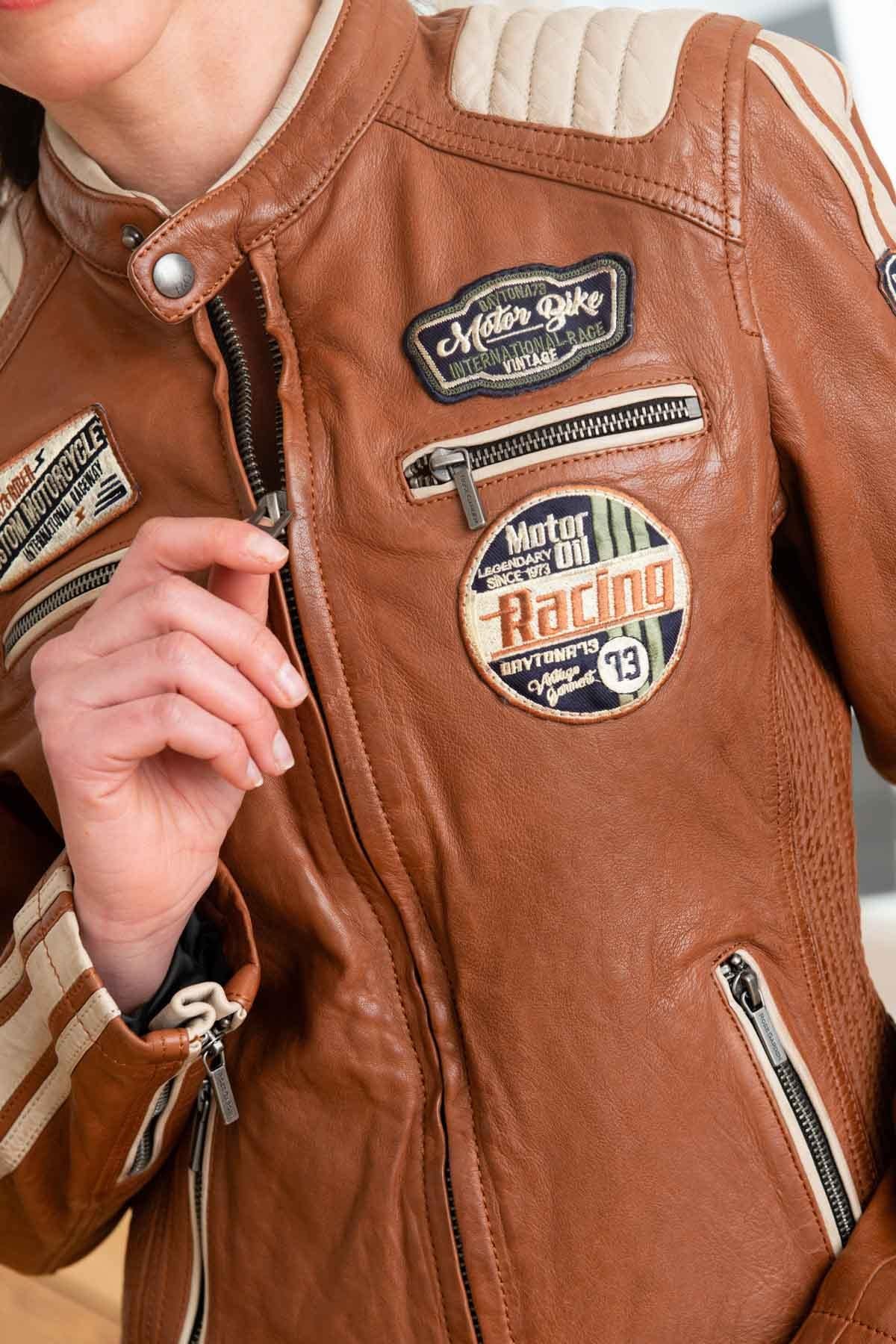 Women's brown leather jacket with biker collar - Image n°6