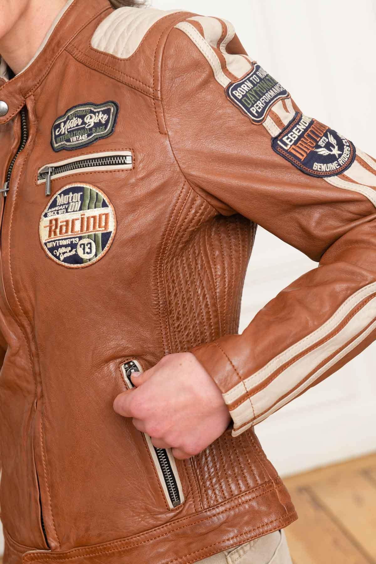 Women's brown leather jacket with biker collar - Image n°7