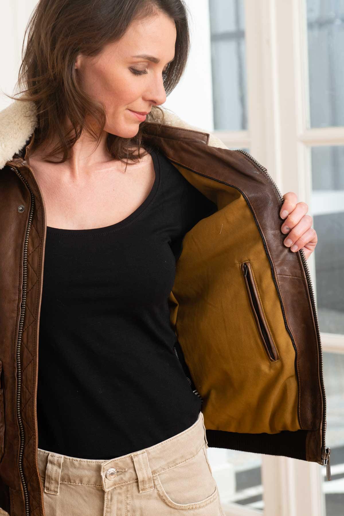 Cognac jacket with fur collar - Image n°4