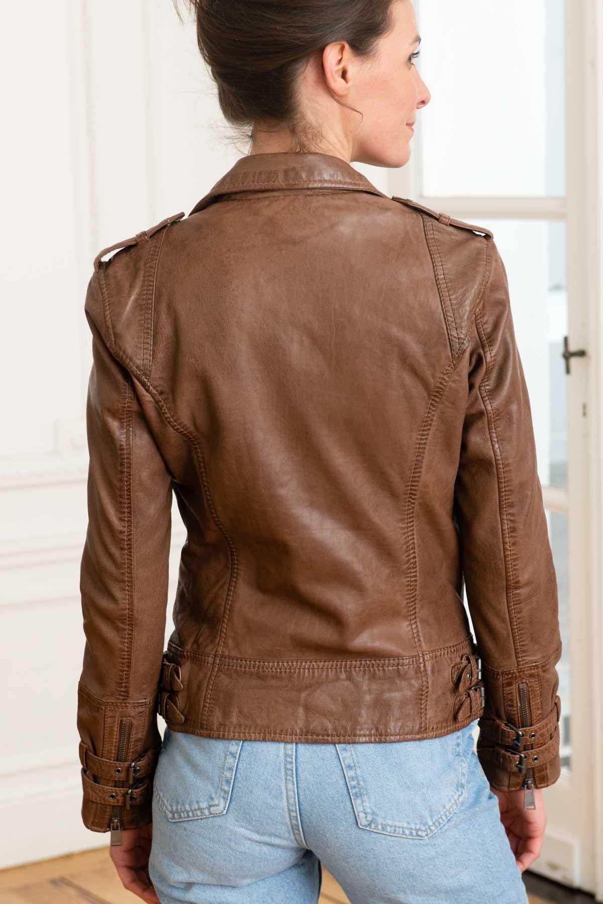 Women's taupe leather Biker Jacket - Image n°5