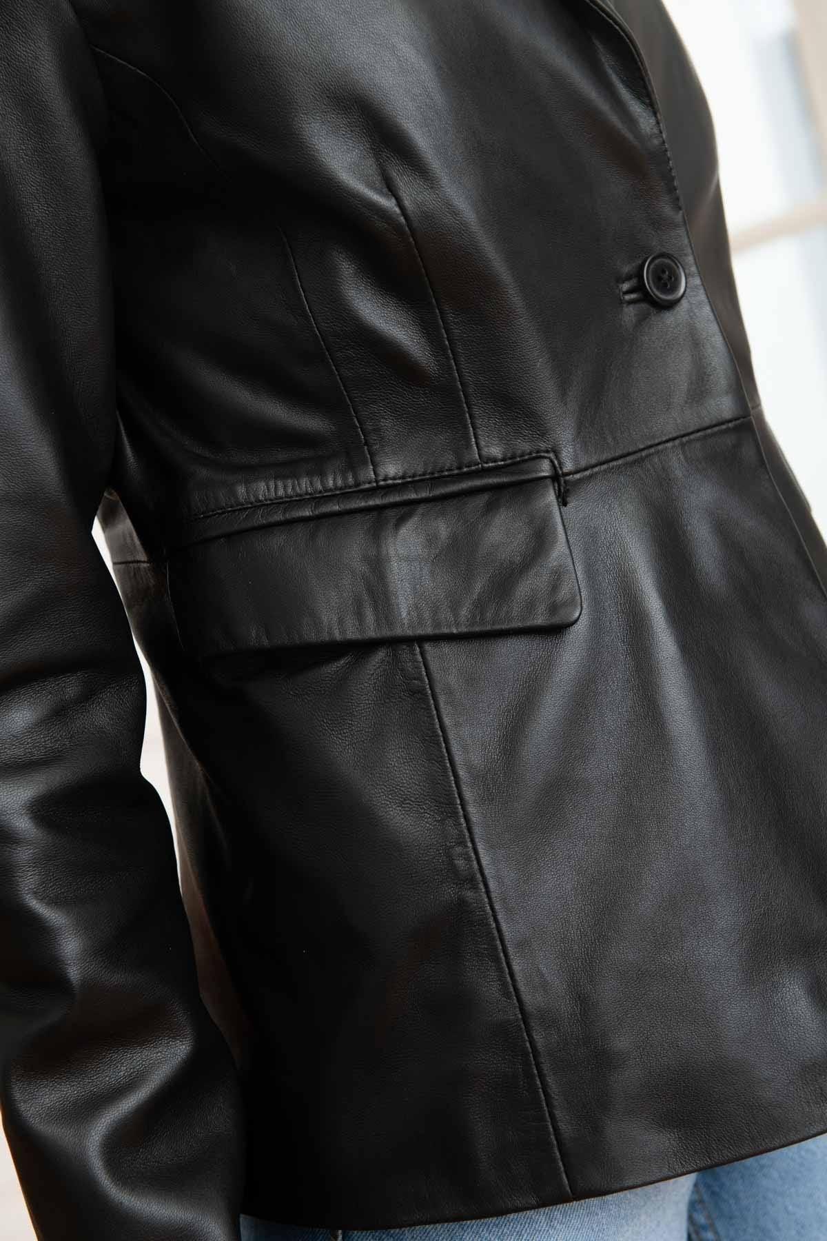 Women's black leather blazer - Image n°7