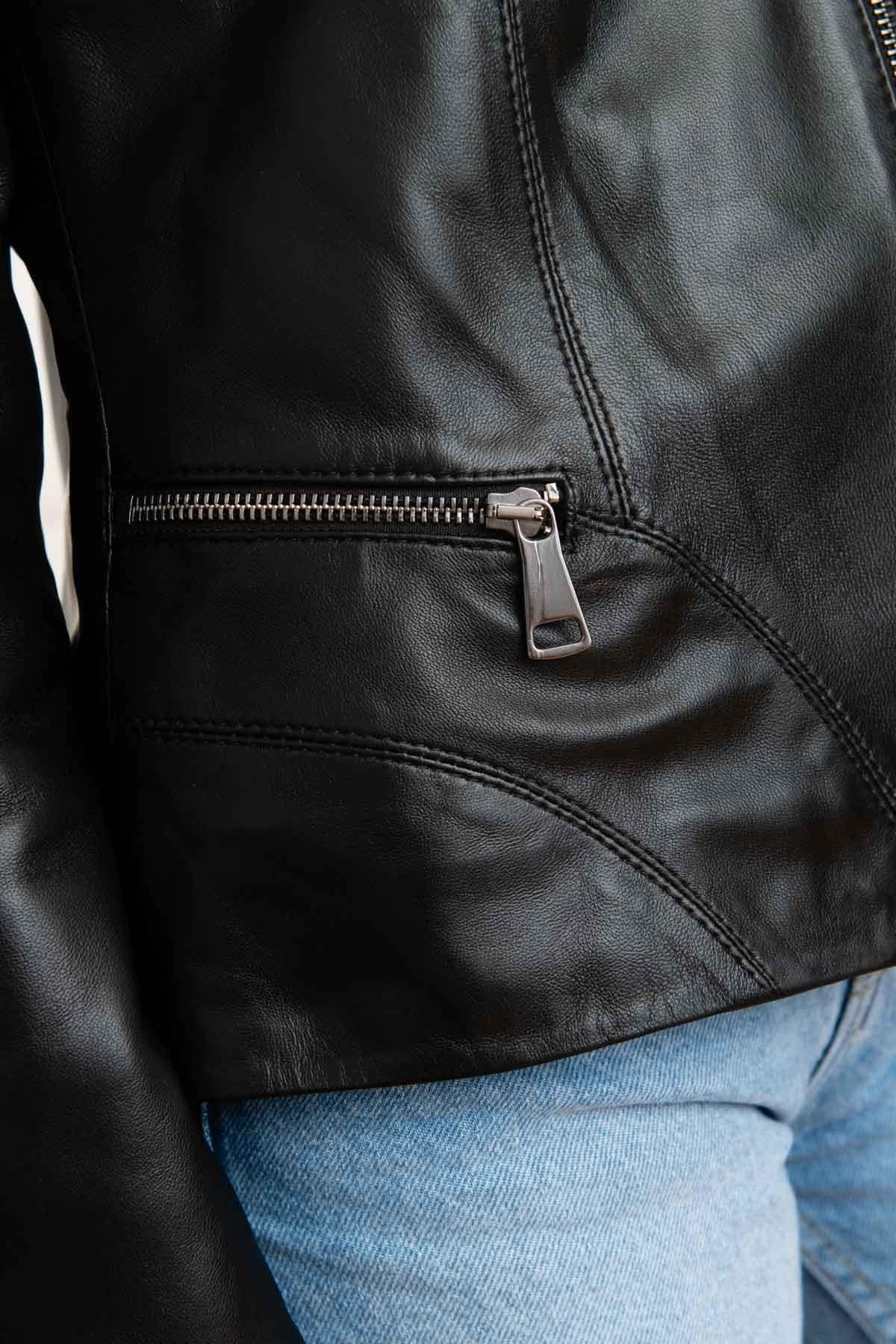 Women’s black leather jacket with biker collar - Image n°7