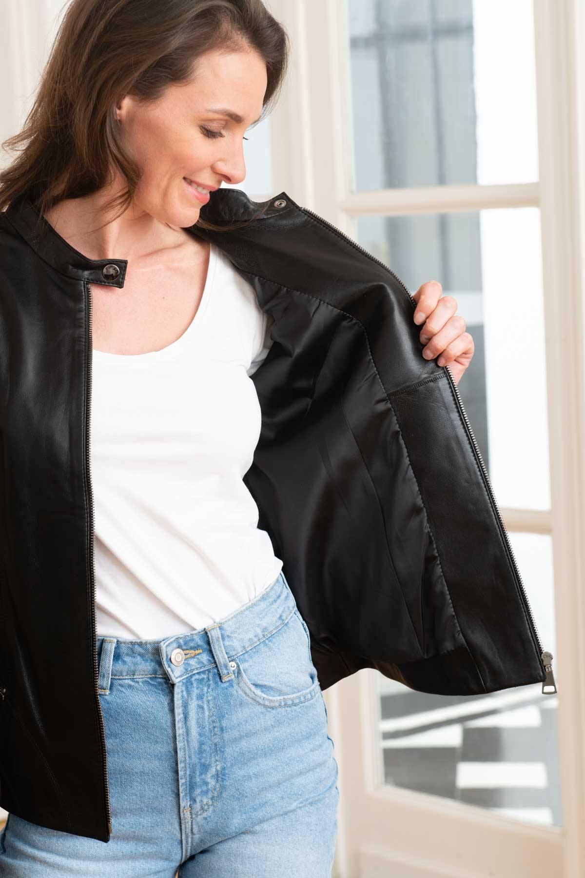 Women’s black leather jacket with biker collar - Image n°3