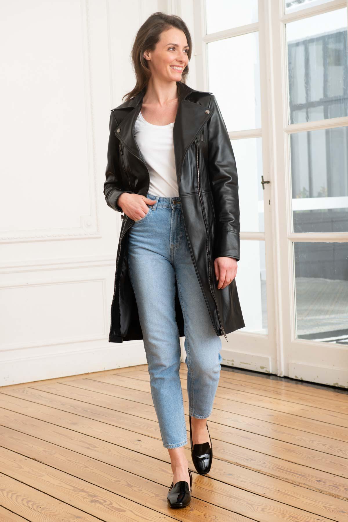 Women's black leather jacket with perfecto collar - Image n°2