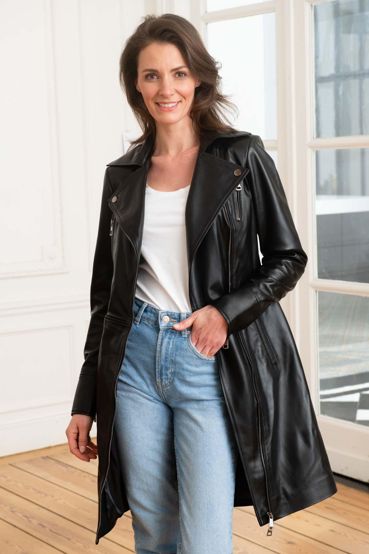 Women's black leather jacket with perfecto collar - Image n°1