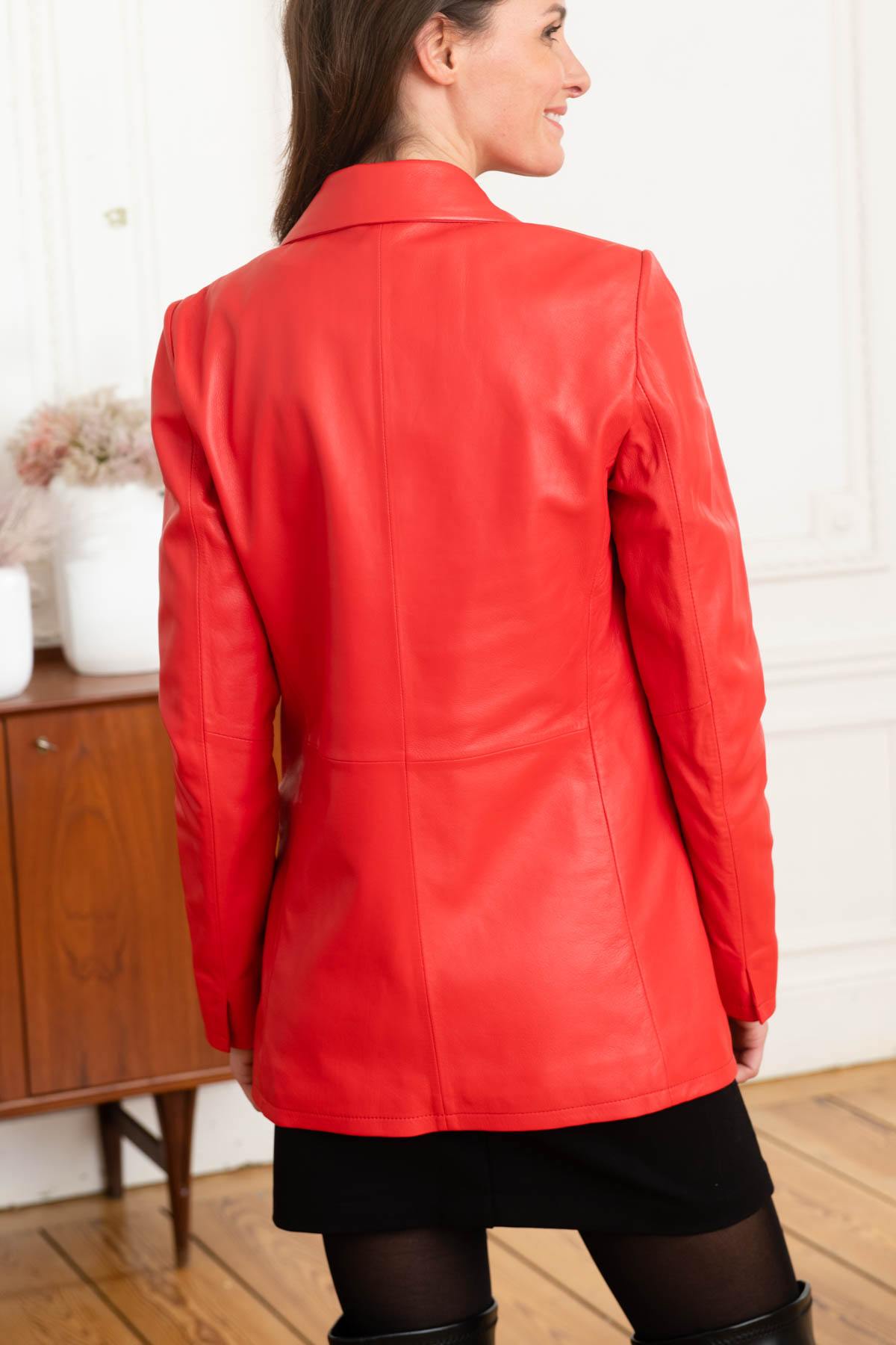 Dark red women's leather blazer - Image n°4