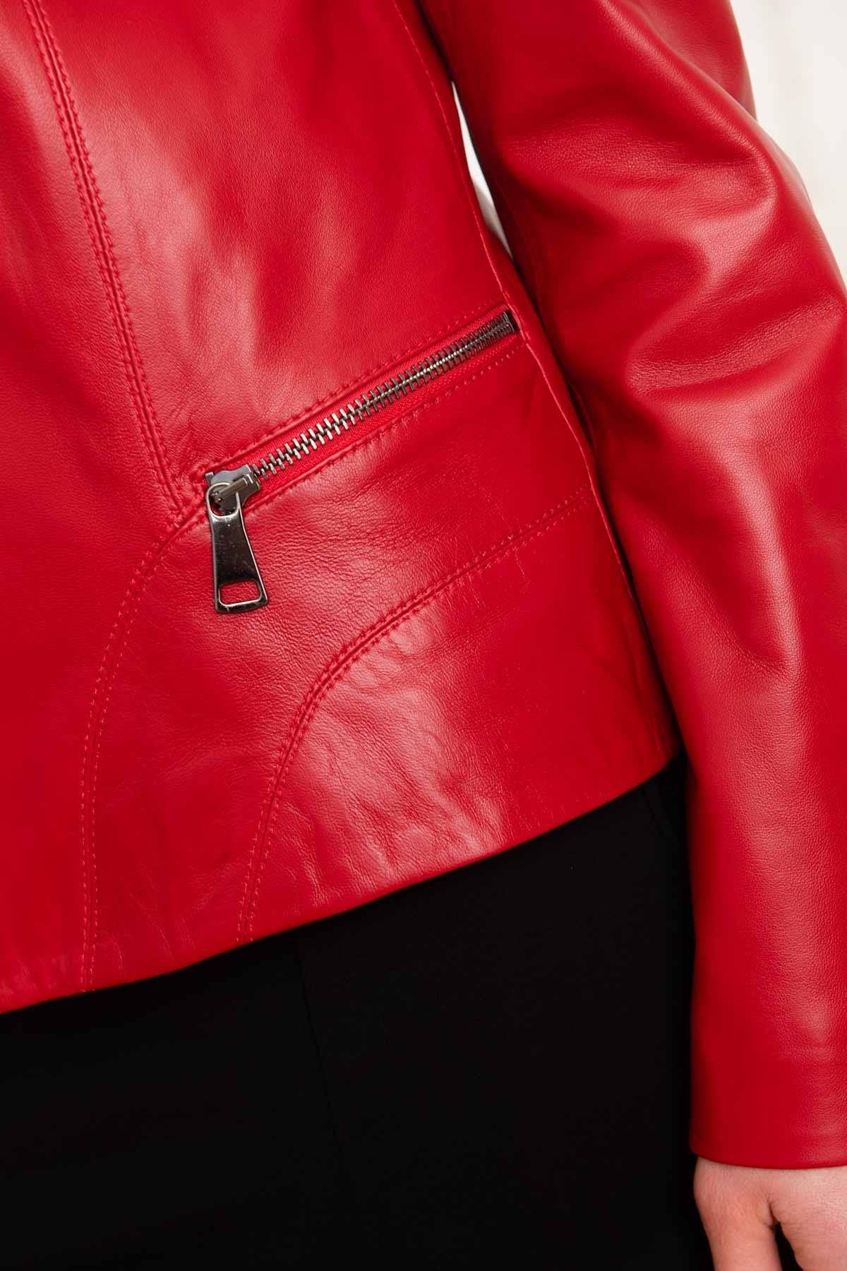 Women's red biker collar leather jacket - Image n°7