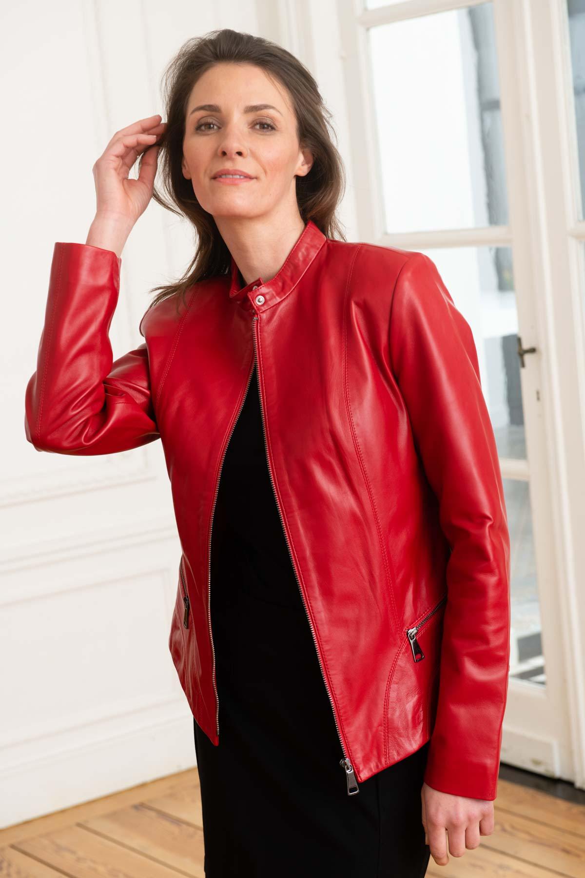 Women's red biker collar leather jacket - Image n°1