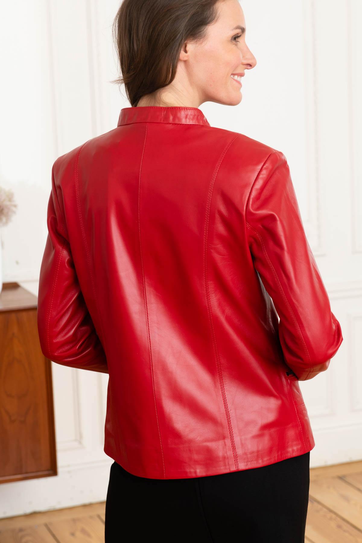 Women's red biker collar leather jacket - Image n°5