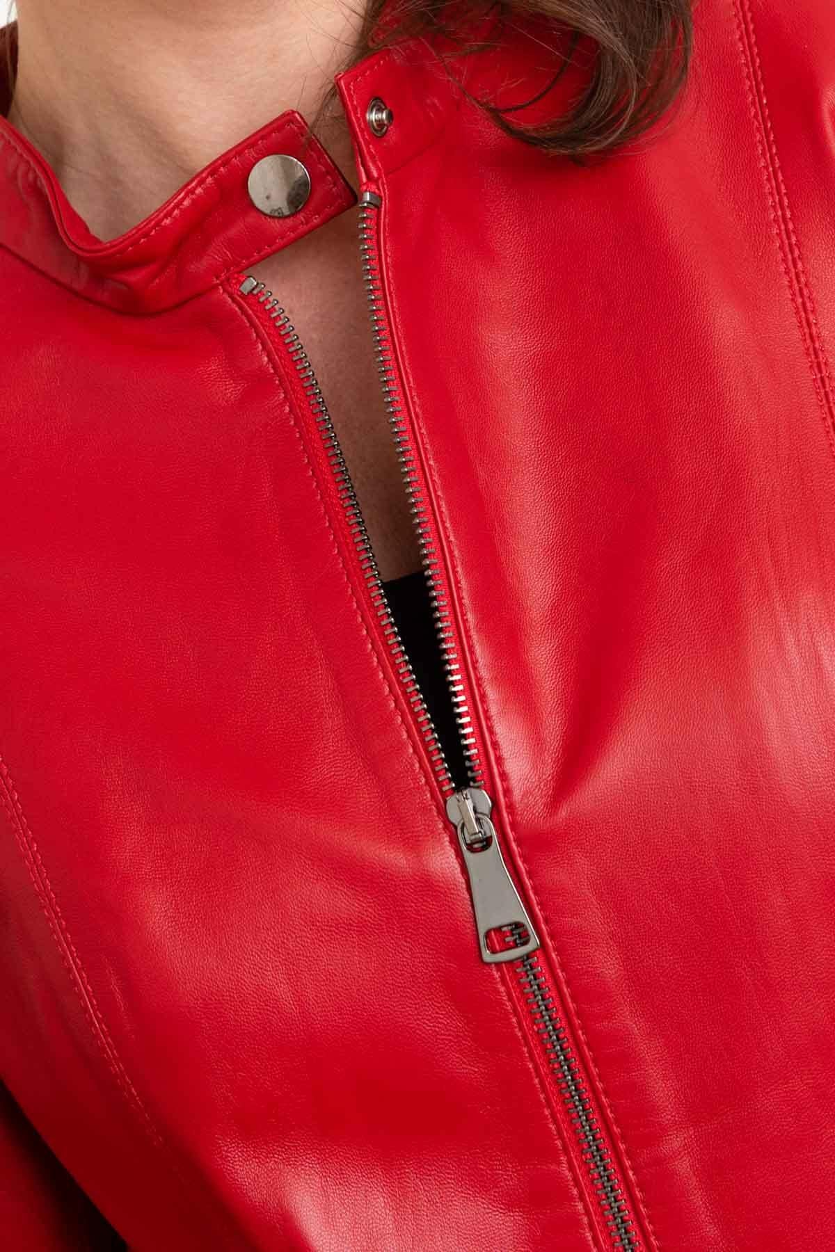 Women's red biker collar leather jacket - Image n°6