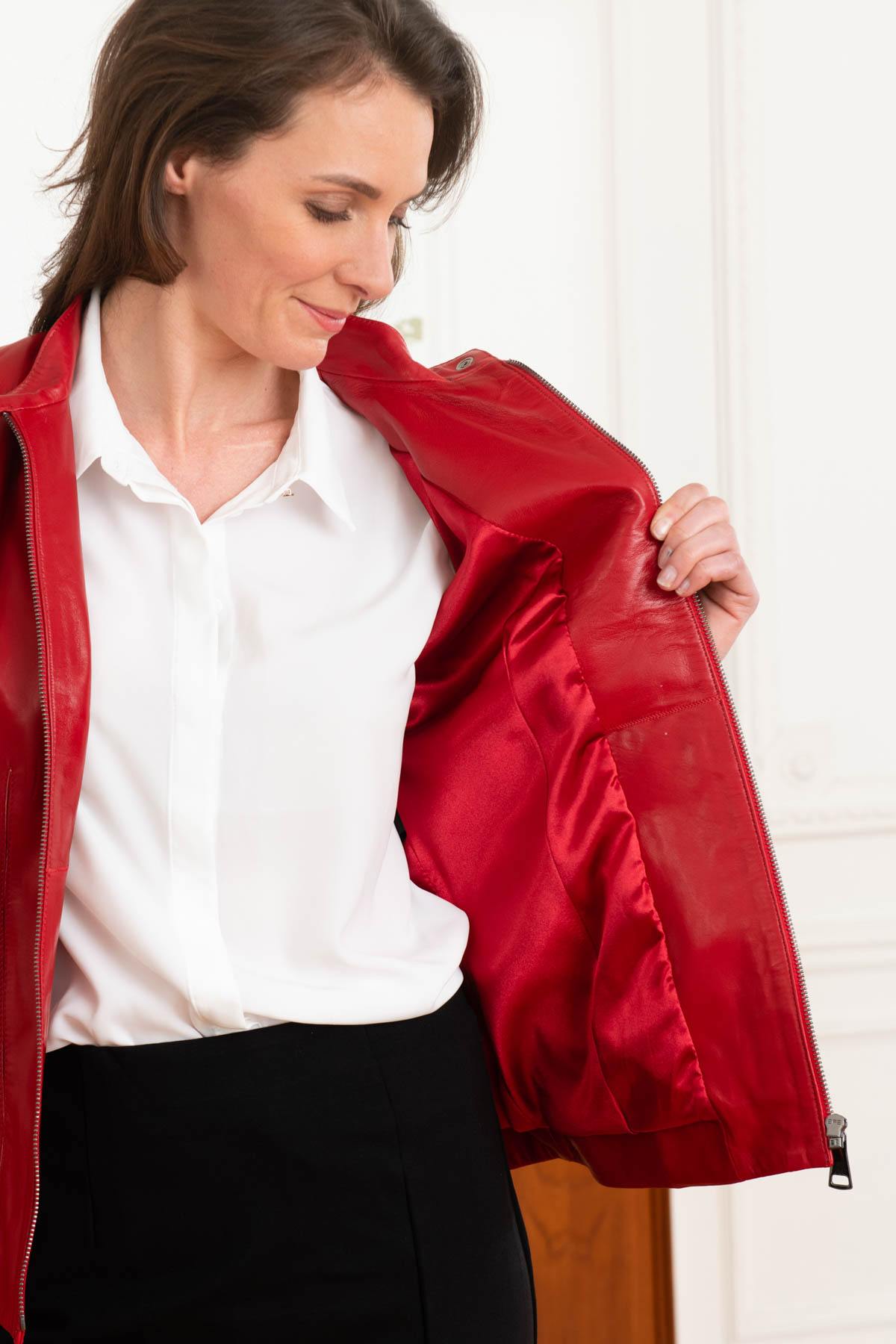 Women's red biker collar leather jacket - Image n°3