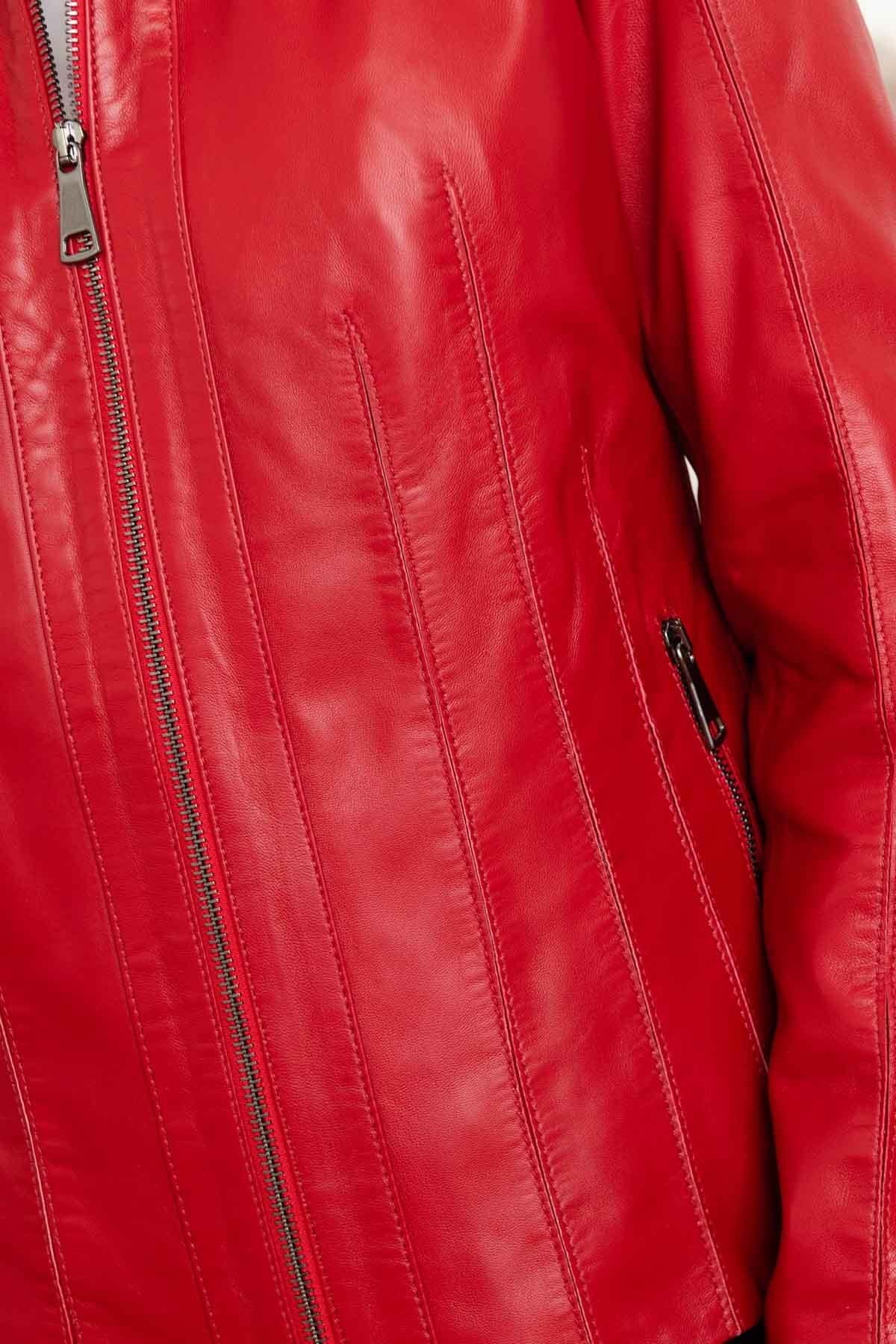 Women's red biker collar leather jacket - Image n°7