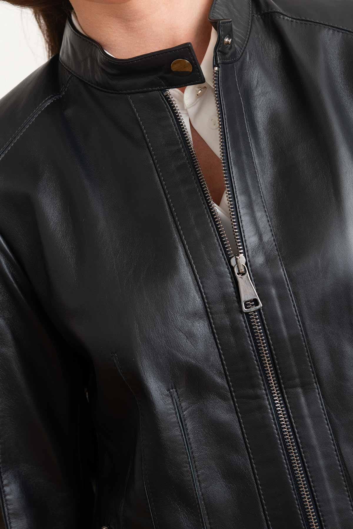 Women's navy blue leather jacket with biker collar - Image n°7