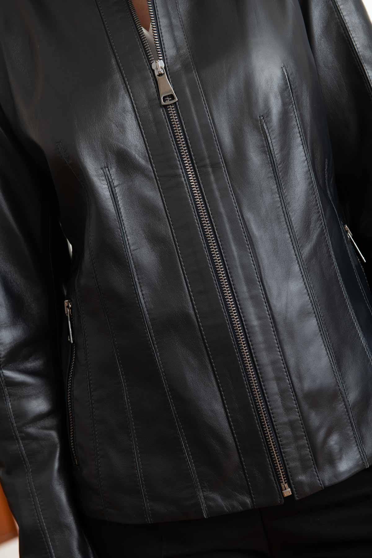 Women's navy blue leather jacket with biker collar - Image n°8