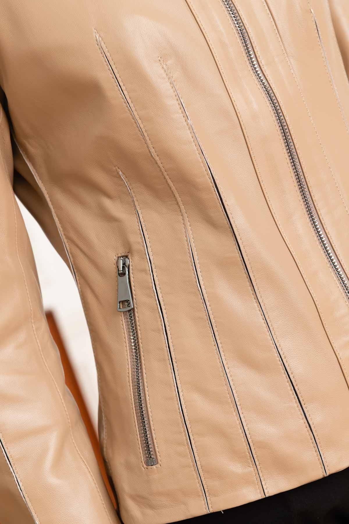 Women’s beige leather jacket with biker collar - Image n°7