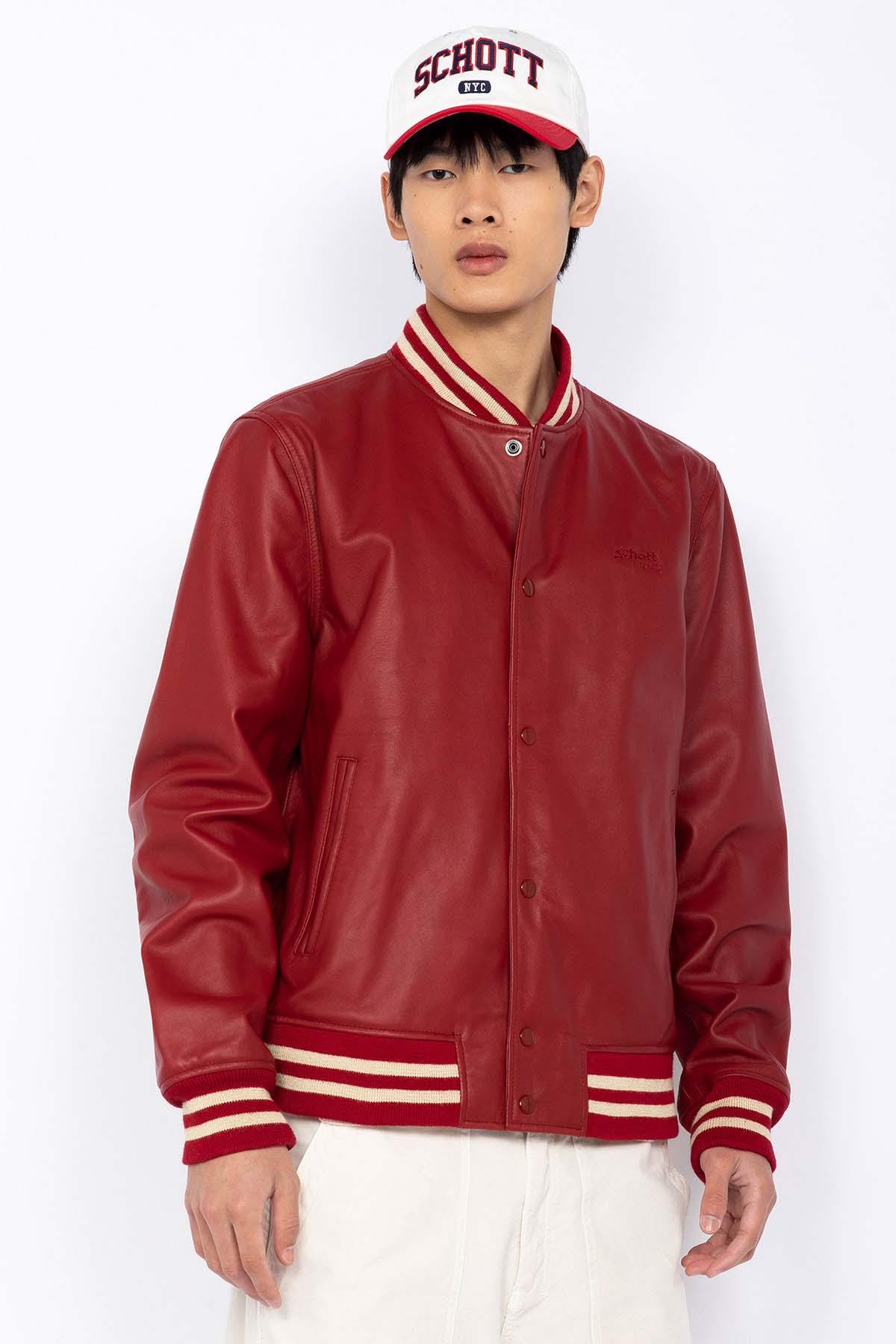 Full red varsity leather jacket - Image n°1