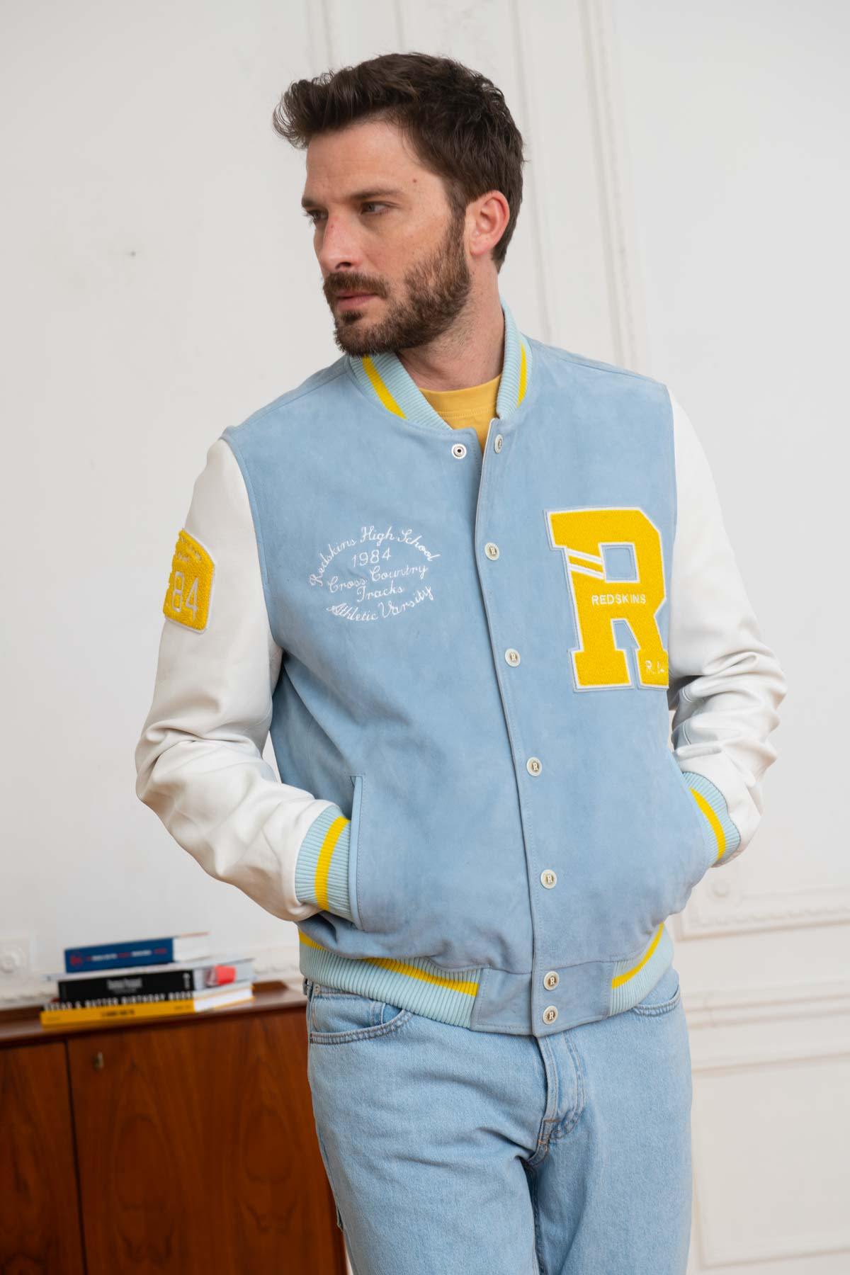 Embroidered yellow/blue/white leather varsity teddy - Image n°4