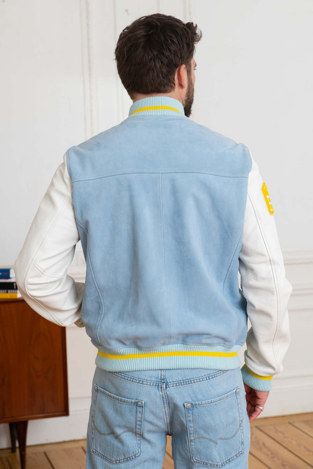 Embroidered yellow/blue/white leather varsity teddy - Image n°5