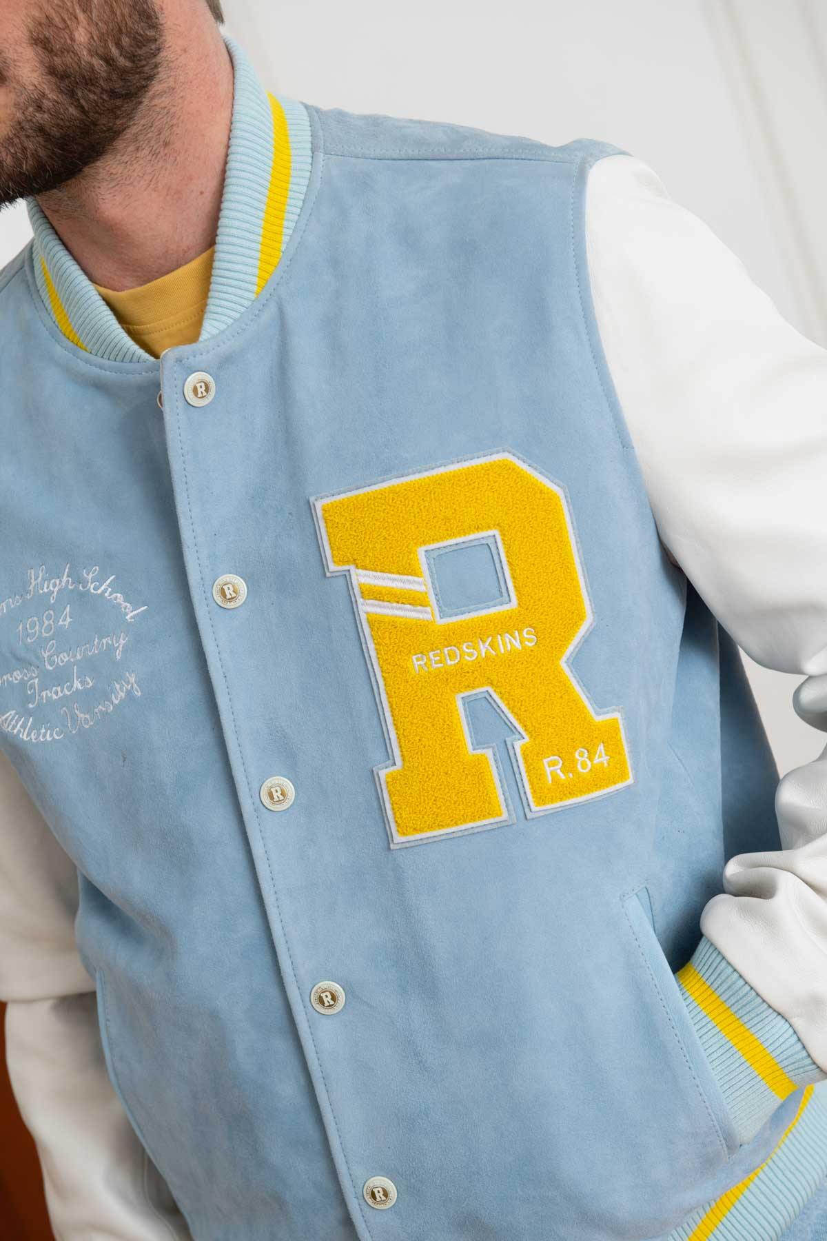 Embroidered yellow/blue/white leather varsity teddy - Image n°6