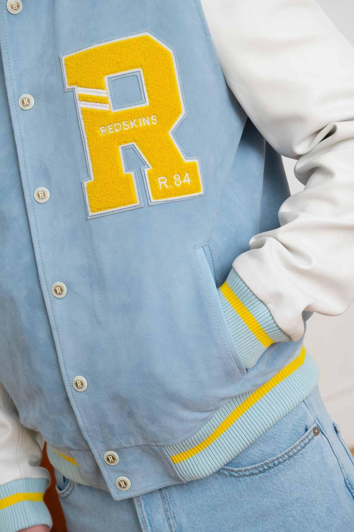 Embroidered yellow/blue/white leather varsity teddy - Image n°7