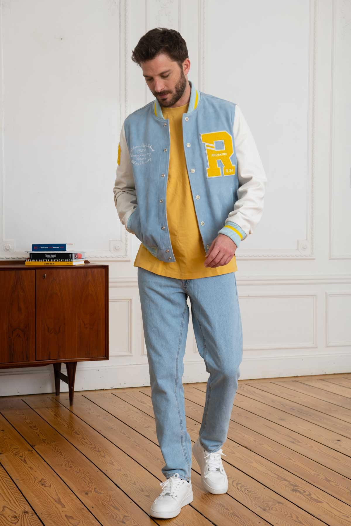 Embroidered yellow/blue/white leather varsity teddy - Image n°2