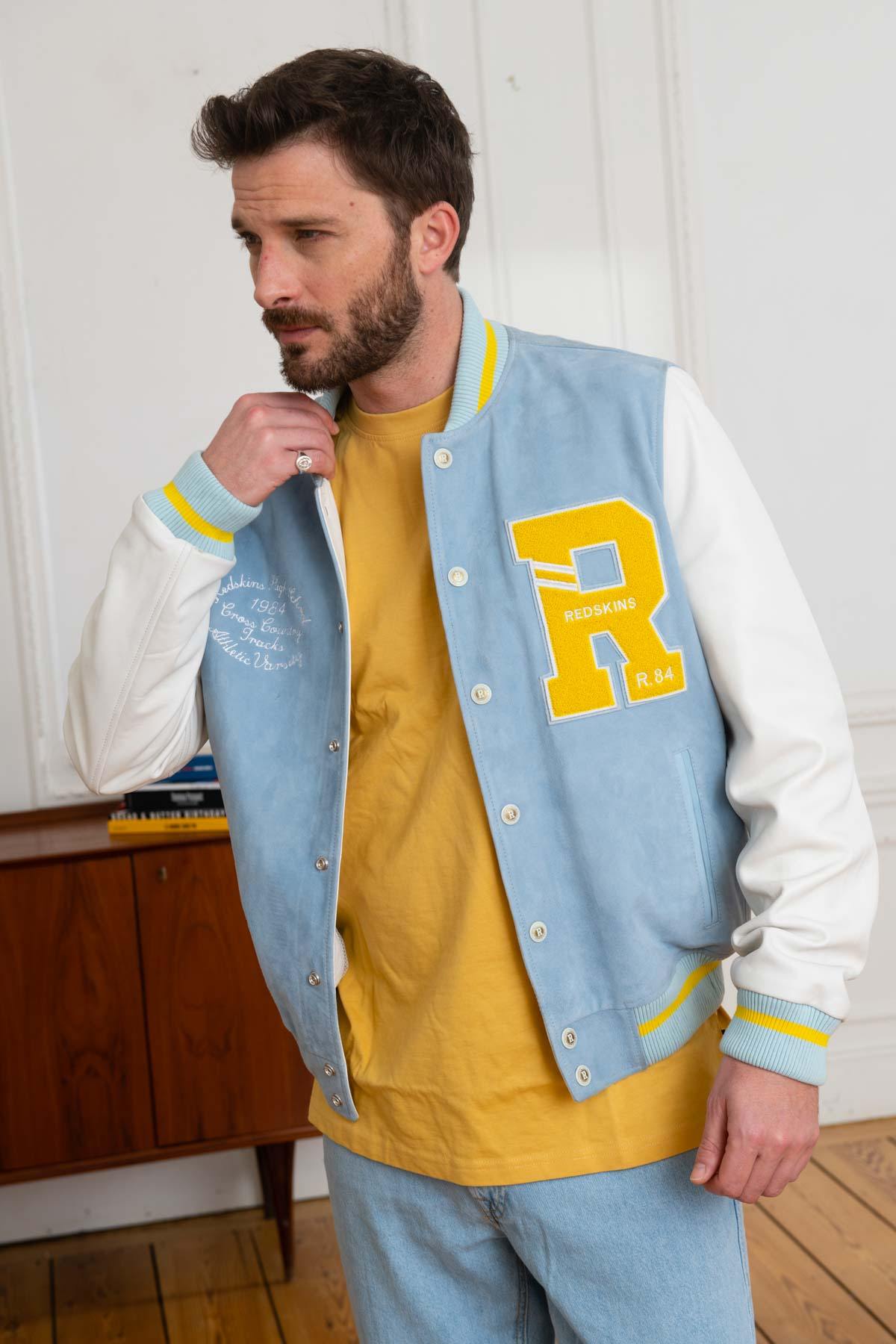 Embroidered yellow/blue/white leather varsity teddy - Image n°1